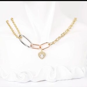 14k White Gold Plated Tri Color Rose Gold,Gold and Silver Heart Pendant Necklace